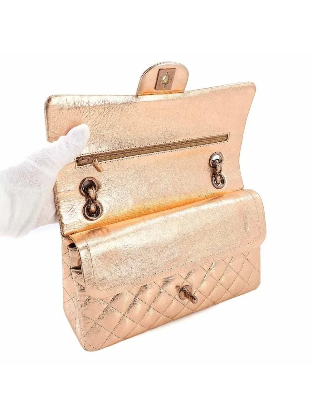 Chanel Quilted 25 Chain Shoulder Bag Leather Metallic Pink Gold Limited